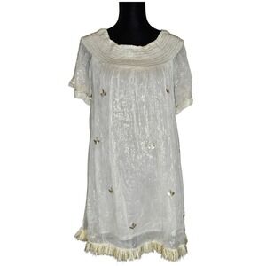 Mira Ivory Gold Metallic Pinstripe Fringe Hem Smocked‎ Boho Shift Dress Sz Small